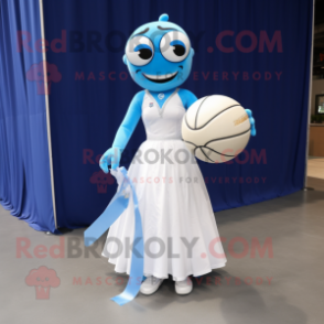 Blue Volleyball Ball mascot costume character dressed with a Wedding Dress and Bow ties
