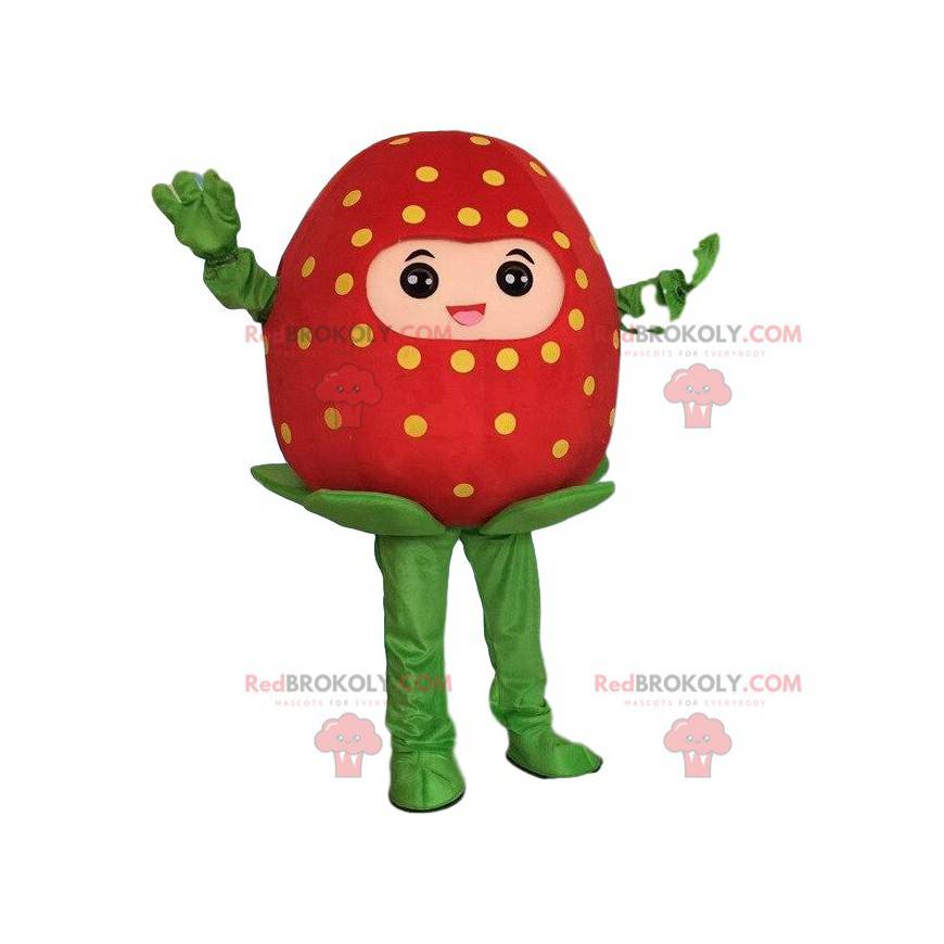 Maskot červená jahoda, obří jahodový kostým, červené ovoce -