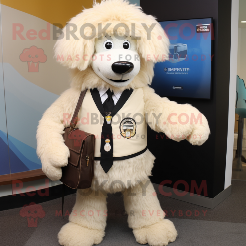 Beige Shepard'S Pie mascot costume character dressed with a Suit Jacket and Keychains Beige Shepard'S Pie mascot costume character dressed with a Suit Jacket and Keychains