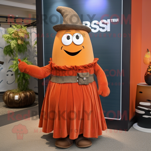 Rust Squash mascot costume character dressed with a Empire Waist Dress and Necklaces
