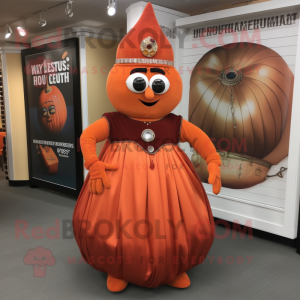 Rust Squash mascot costume character dressed with a Empire Waist Dress and Necklaces