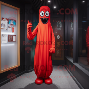 Red Ghost mascot costume character dressed with a Skinny Jeans and Gloves