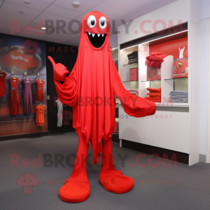 Red Ghost mascot costume character dressed with a Skinny Jeans and Gloves