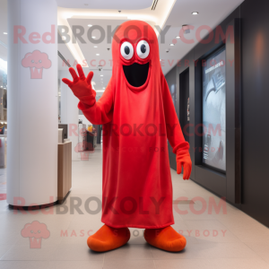 Red Ghost mascot costume character dressed with a Skinny Jeans and Gloves