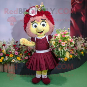 Maroon Bouquet Of Flowers mascot costume character dressed with a Mini Skirt and Suspenders