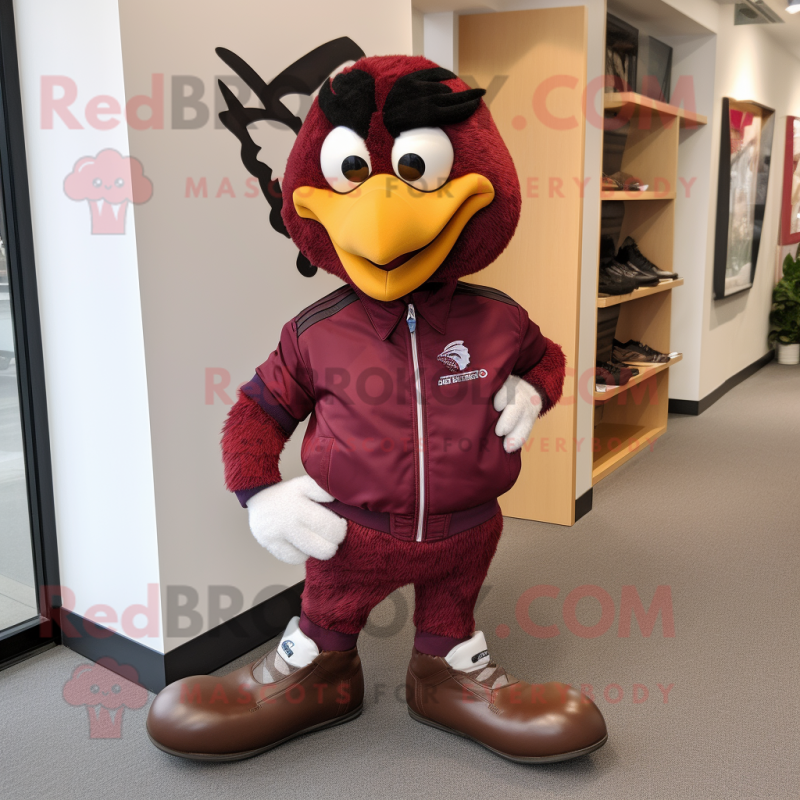 Maroon Crow mascot costume character dressed with a Moto Jacket and Anklets