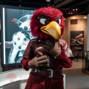 Maroon Crow mascot costume character dressed with a Moto Jacket and Anklets