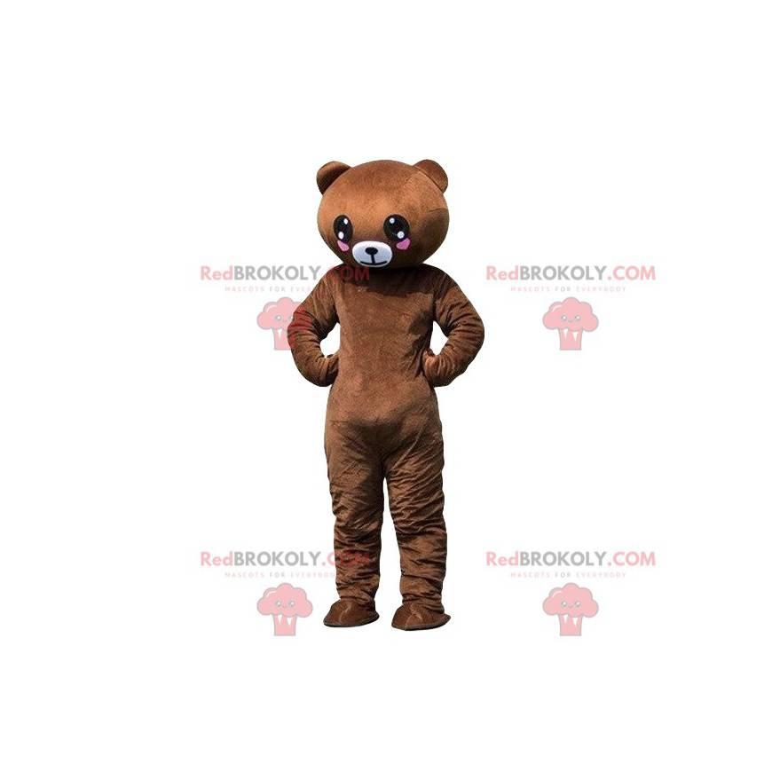 Brown teddy mascot with hearts, romantic costume -