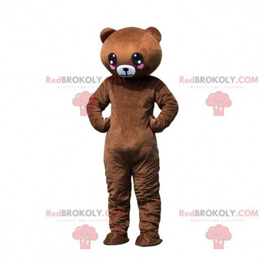 Brown teddy mascot with hearts, romantic costume -