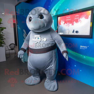 Gray Stellar'S Sea Cow mascot costume character dressed with a Bikini and Smartwatches