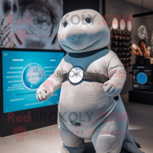 Gray Stellar'S Sea Cow mascot costume character dressed with a Bikini and Smartwatches