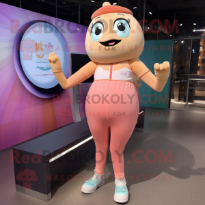 Peach Cod mascot costume character dressed with a Yoga Pants and Bracelet watches