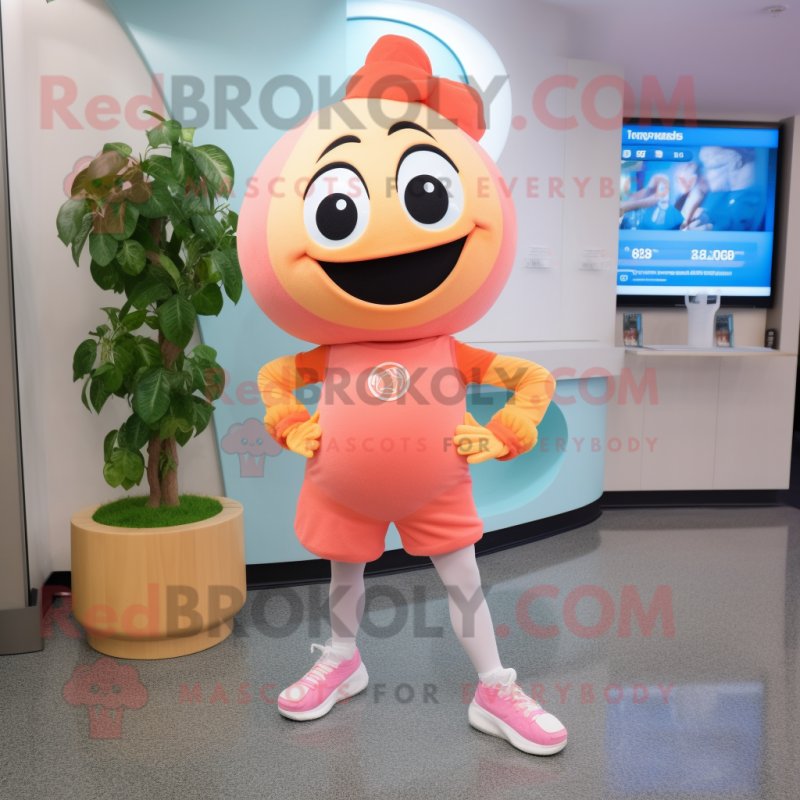 Peach Cod mascot costume character dressed with a Yoga Pants and Bracelet watches Peach Cod mascot costume character dressed with a Yoga Pants and Bracelet watches