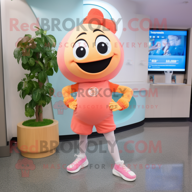 Peach Cod mascot costume character dressed with a Yoga Pants and Bracelet watches