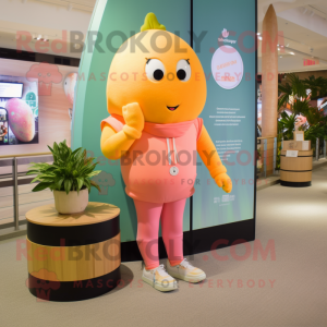 Peach Cod mascot costume character dressed with a Yoga Pants and Bracelet watches