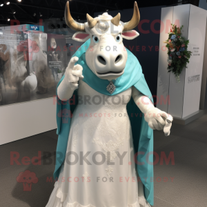 Teal Zebu mascot costume character dressed with a Wedding Dress and Gloves