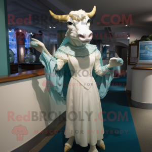 Teal Zebu mascot costume character dressed with a Wedding Dress and Gloves
