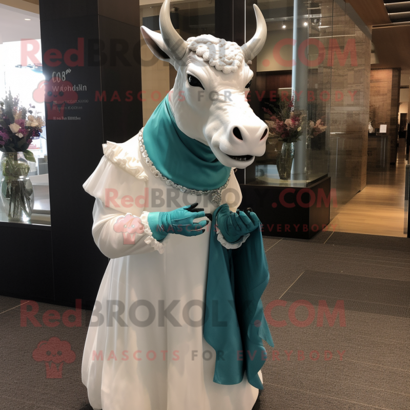Teal Zebu mascot costume character dressed with a Wedding Dress and Gloves Teal Zebu mascot costume character dressed with a Wedding Dress and Gloves