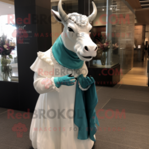 Teal Zebu mascot costume character dressed with a Wedding Dress and Gloves