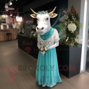 Teal Zebu mascot costume character dressed with a Wedding Dress and Gloves