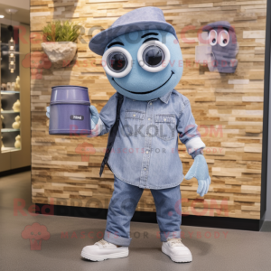 Lavender Gyro mascot costume character dressed with a Denim Shirt and Coin purses
