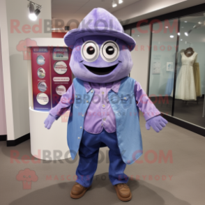 Lavender Gyro mascot costume character dressed with a Denim Shirt and Coin purses