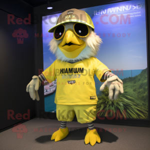 Lemon Yellow Hawk mascot costume character dressed with a Bermuda Shorts and Suspenders