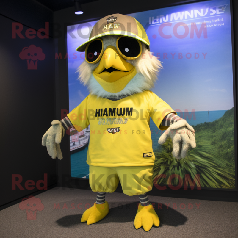 Lemon Yellow Hawk mascot costume character dressed with a Bermuda Shorts and Suspenders