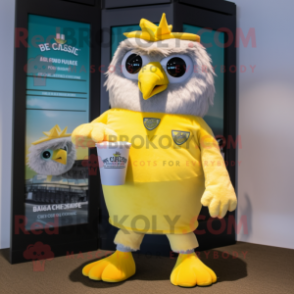 Lemon Yellow Hawk mascot costume character dressed with a Bermuda Shorts and Suspenders