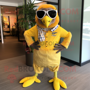 Lemon Yellow Hawk mascot costume character dressed with a Bermuda Shorts and Suspenders