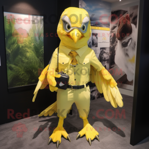 Lemon Yellow Hawk mascot costume character dressed with a Bermuda Shorts and Suspenders