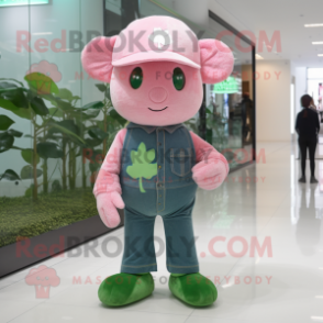 Pink Four Leaf Clover mascot costume character dressed with a Jeans and Hats