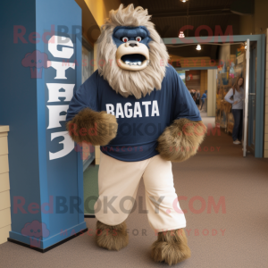 Navy Sasquatch mascot costume character dressed with a Joggers and Scarves