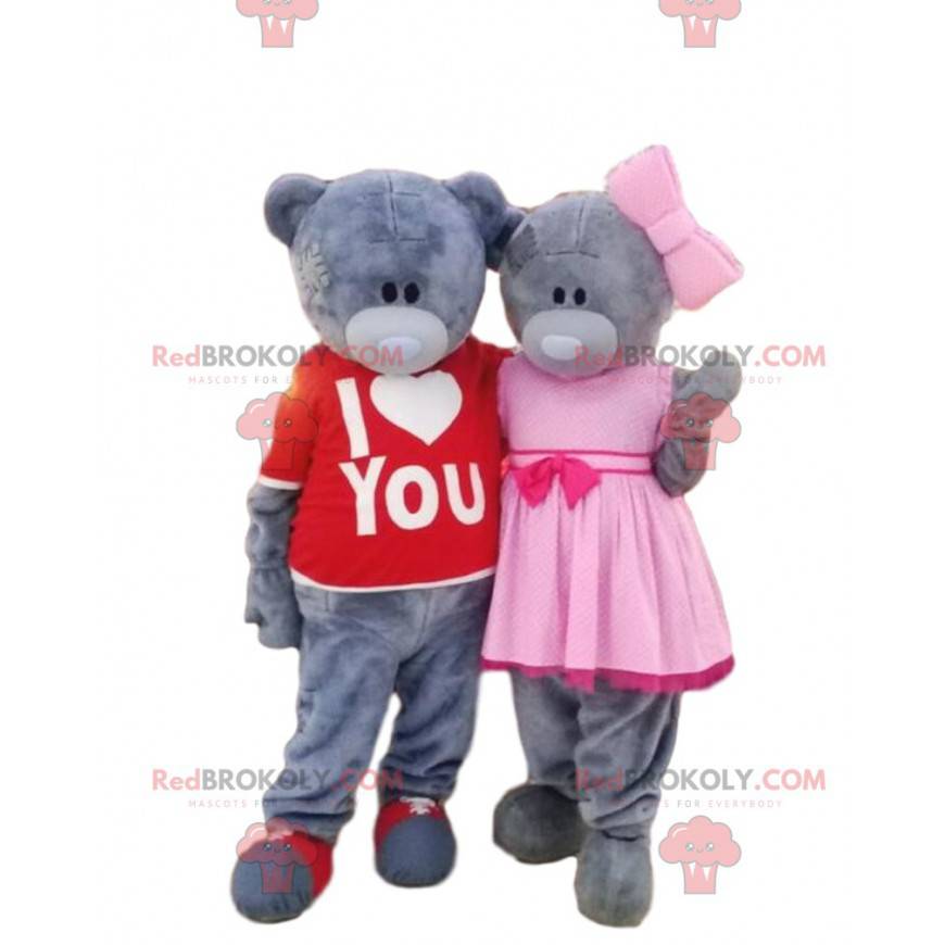 2 mascottes de nounours gris, costumes d'ours, couple de