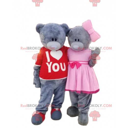 2 gray teddy bear mascots, bear costumes, teddy bear couple -