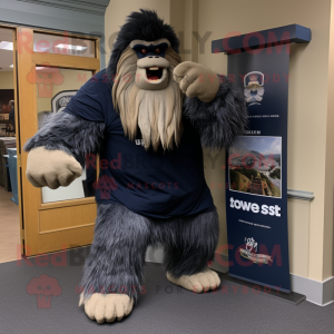 Navy Sasquatch mascot costume character dressed with a Joggers and Scarves