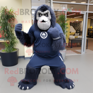 Navy Sasquatch mascot costume character dressed with a Joggers and Scarves