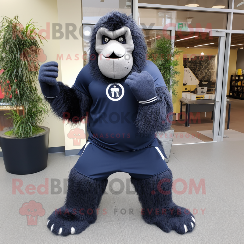 Navy Sasquatch mascot costume character dressed with a Joggers and Scarves Navy Sasquatch mascot costume character dressed with a Joggers and Scarves