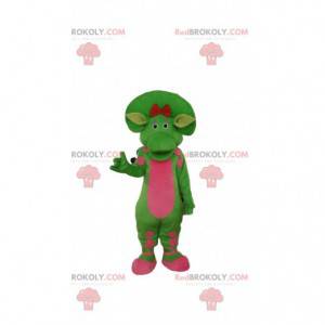 Green and pink dinosaur mascot, prehistoric costume -