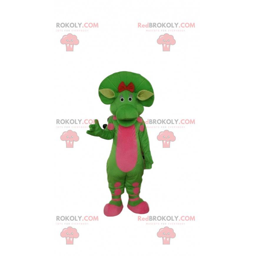 Mascota de dinosaurio verde y rosa, traje prehistórico -