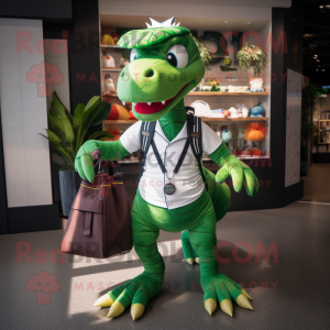 Green Utahraptor mascot costume character dressed with a Joggers and Clutch bags