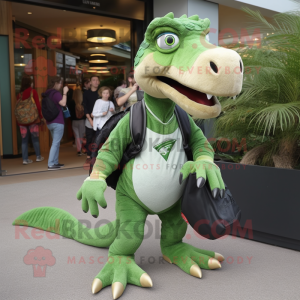 Green Utahraptor mascot costume character dressed with a Joggers and Clutch bags