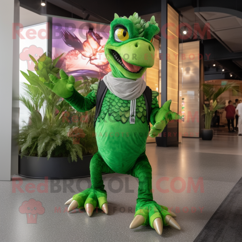 Green Utahraptor mascot costume character dressed with a Joggers and Clutch bags