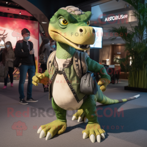 Green Utahraptor mascot costume character dressed with a Joggers and Clutch bags