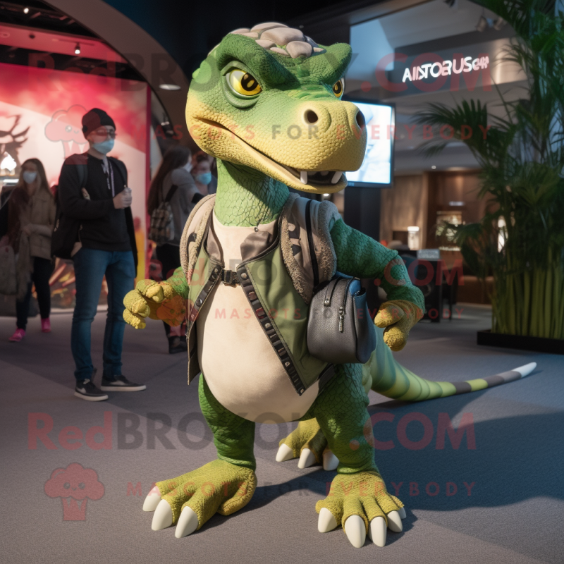 Green Utahraptor mascot costume character dressed with a Joggers and Clutch bags Green Utahraptor mascot costume character dressed with a Joggers and Clutch bags