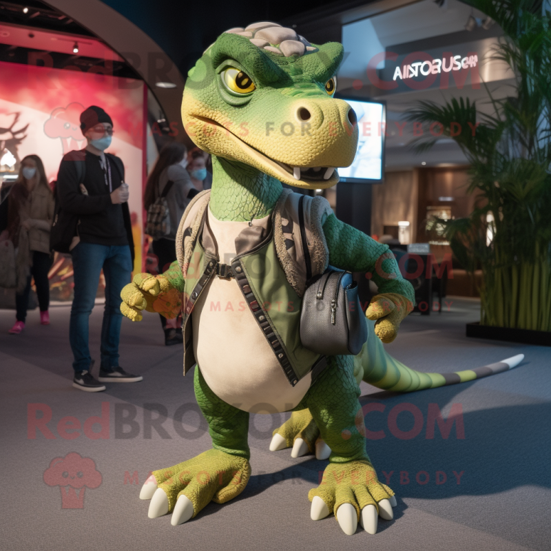 Green Utahraptor mascot costume character dressed with a Joggers and Clutch bags