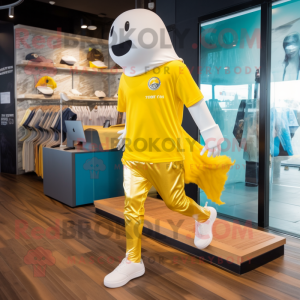 Gold Beluga Whale mascot costume character dressed with a Running Shorts and Anklets