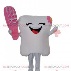 White tooth mascot with a pink brush, tooth costume -