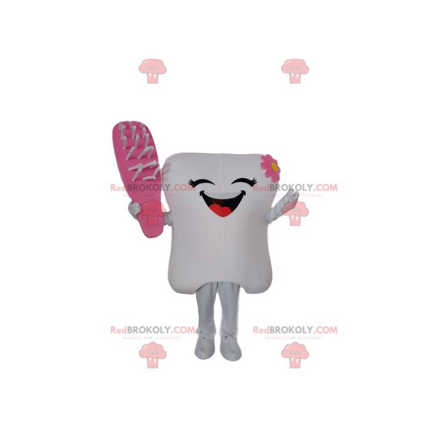 Mascota de diente blanco con un cepillo rosa, disfraz de diente
