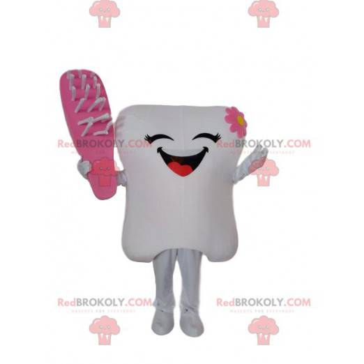 Hvid tand maskot med en lyserød børste, tand kostume -